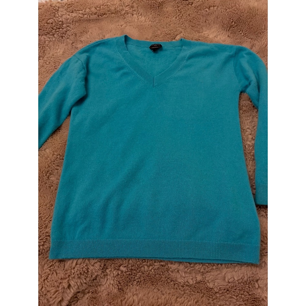 Talbots Petite Pure Cashmere V-Neck Sweater Turquoise Blue MP Long Sleeve